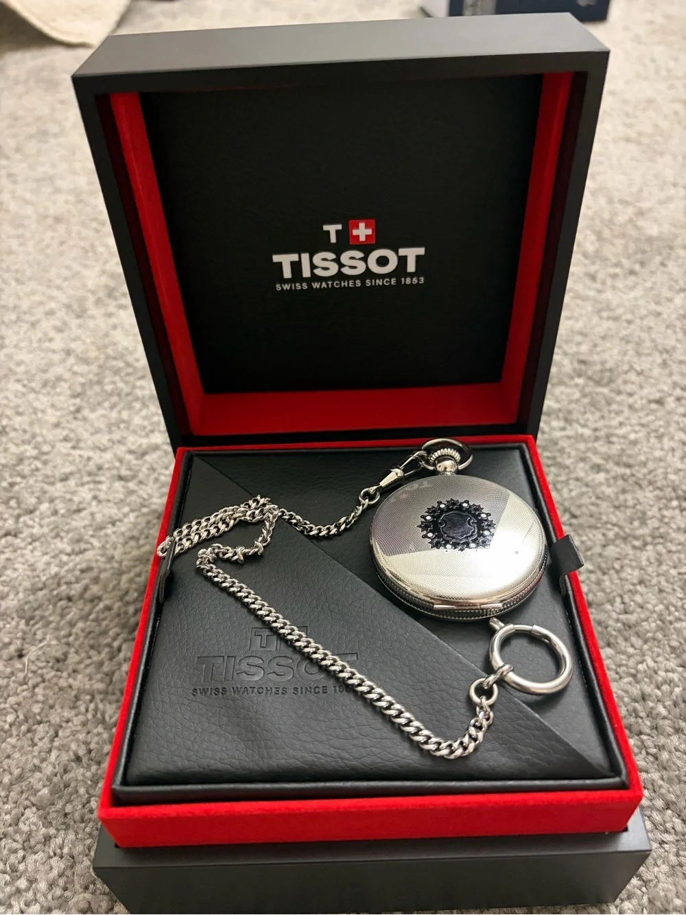 Tissot Polished Silver Pocket Watch with Chain